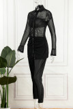 Black Sexy Casual Solid See-through Turndown Collar Long Sleeve Two Pieces
