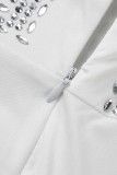 Vestido Sling Branco Moda Sexy Patchwork Perfuração Quente Sem Costas Com Decote V Sling