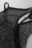 Schwarze sexy feste ausgehöhlte Patchwork Hot Drill asymmetrische Kragen One Step Rock Kleider