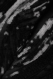 Zwarte elegante effen pailletten patchwork veren O-hals kokerrokjurken