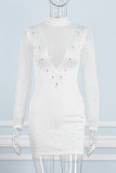White Sexy Patchwork Hot Drilling See-through Turtleneck Long Sleeve Dresses