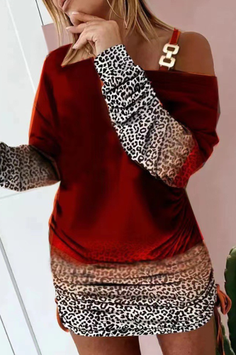 Бордовые повседневные платья с принтом Wapiti Fold на одно плечо и юбкой-карандаш
