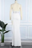 Weiße Mode Sexy Patchwork Hot Drilling Backless Slit V-Ausschnitt Sling Dress