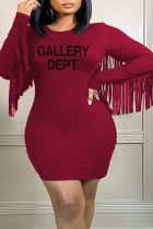 Бордовый сексуальный принт с кисточками и круглым вырезом юбка-карандаш плюс размер платья