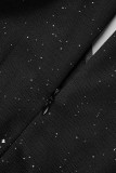 Schwarze, elegante, solide Pailletten-Patchwork-Kleider mit V-Ausschnitt und langen Ärmeln