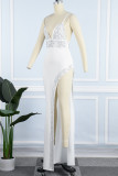 Weiße Mode Sexy Patchwork Hot Drilling Backless Slit V-Ausschnitt Sling Dress