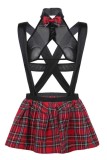 Black Red Sexy Living Plaid Print Hollow Out See-through Backless Cosplay Lingerie