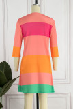 Pink Orange Casual Striped Print Patchwork O-Ausschnitt A-Linie Kleider