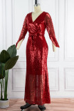 Красные элегантные однотонные вечерние платья с блестками и блестками в стиле пэчворк с V-образным вырезом