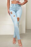 Babyblauwe casual effen gescheurde skinny jeans met hoge taille