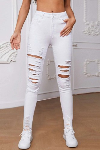 White Casual Solid Ripped Patchwork High Waist Skinny Denim Jeans