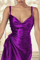 Фиолетовое сексуальное однотонное платье в стиле пэчворк со складками на тонких бретелях