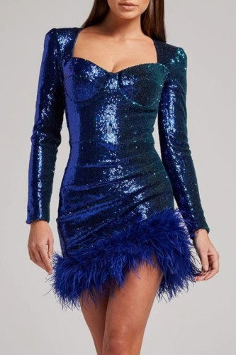 Royal Blue Sexy Formal Patchwork Sequins Feathers V Neck Long Sleeve Dresses