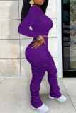 Пурпурный Повседневная спортивная одежда Однотонный Пэчворк Складывается с круглым вырезом Длинный рукав Из двух частей