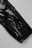 Zwarte elegante effen pailletten patchwork veren O-hals kokerrokjurken