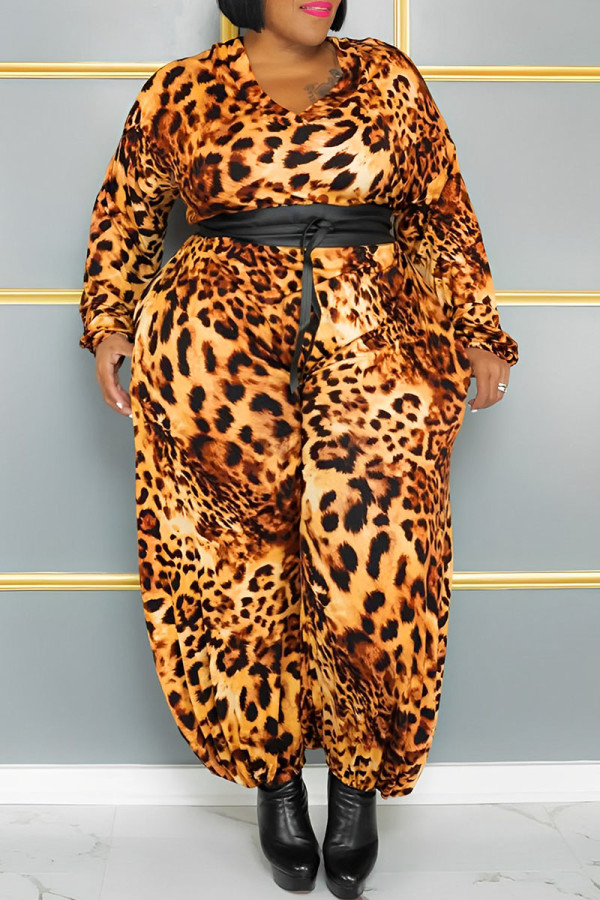 Patchwork di leopardo con stampa di strada sexy gialla senza cintura con scollo a V Tute taglie forti (senza cintura)