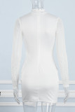 Vestidos de manga longa branco sexy patchwork furação quente transparente com gola alta