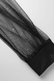 Burgund Elegant Solid Pailletten Patchwork V-Ausschnitt Langarm-Kleider