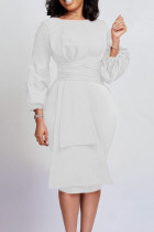 ホワイトカジュアルソリッドパッチワークOネックワンステップスカートドレス