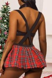 Black Red Sexy Living Plaid Print Hollow Out See-through Backless Cosplay Lingerie