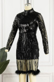 Vestidos preto elegante liso com lantejoulas patchwork penas decote em bico