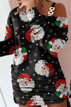 Papai Noel Casual Estampa Wapiti Vestido Dobrável Um Ombro Saia Lápis