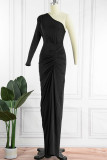 Черное сексуальное однотонное длинное платье в стиле пэчворк с косым воротником