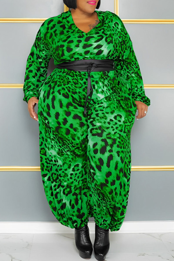 Macacão verde sexy com estampa de leopardo sem cinto e decote em V plus size (sem cinto)