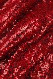 Robe de soirée à col en V en patchwork de paillettes de bandage solide rouge élégante