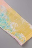 Rosa, Gelb, Casual Print Tie Dye Asymmetrische Oberteile mit schrägem Kragen