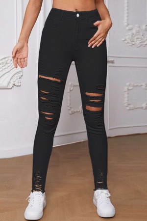 Black Casual Solid Ripped Patchwork High Waist Skinny Denim Jeans
