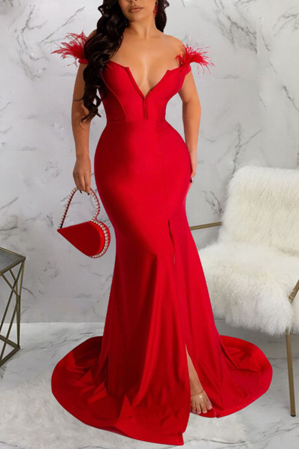 Rote sexy feste Patchwork-Federn mit V-Ausschnitt Abendkleider