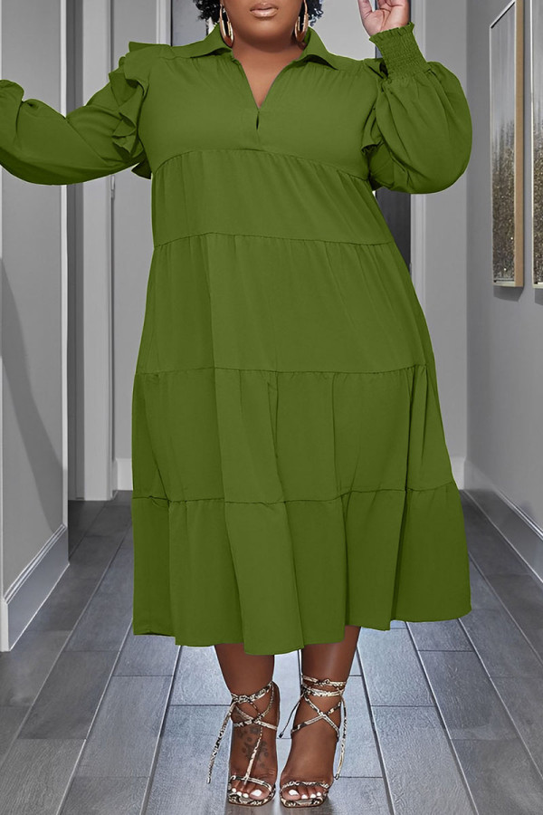 Армейский зеленый повседневный сплошной пэчворк с отложным воротником Прямые платья больших размеров