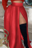 Calça de retalhos sólida vermelha casual com zíper cintura alta tipo A cor sólida