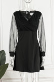 Черные элегантные однотонные лоскутные платья с V-образным вырезом и длинными рукавами