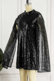 Zwarte elegante effen pailletten patchwork halve coltrui rechte jurken