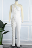 White Fashion Sexy Patchwork Hot Drilling Uitgeholde Backless Skinny Jumpsuits met één schouder
