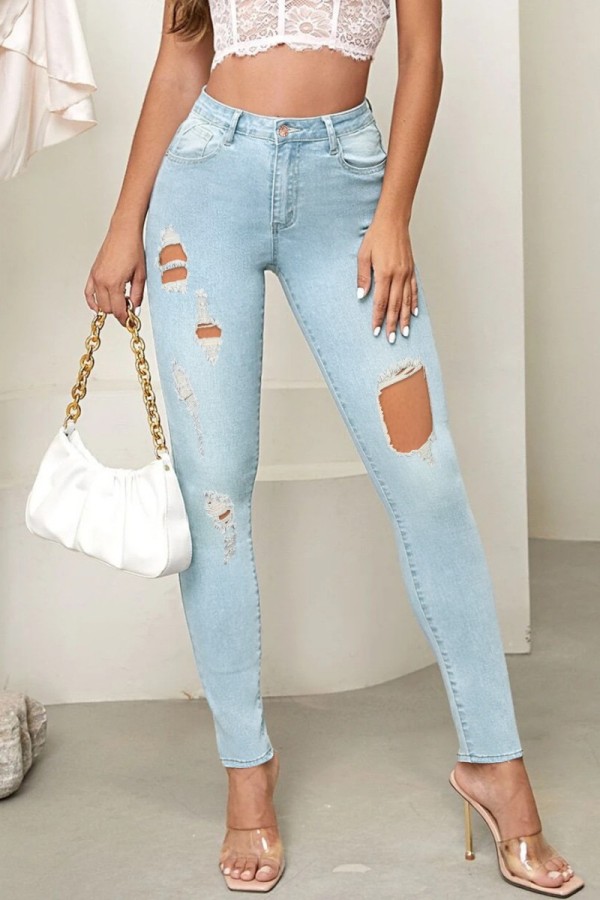 Babyblauwe casual effen gescheurde skinny jeans met hoge taille