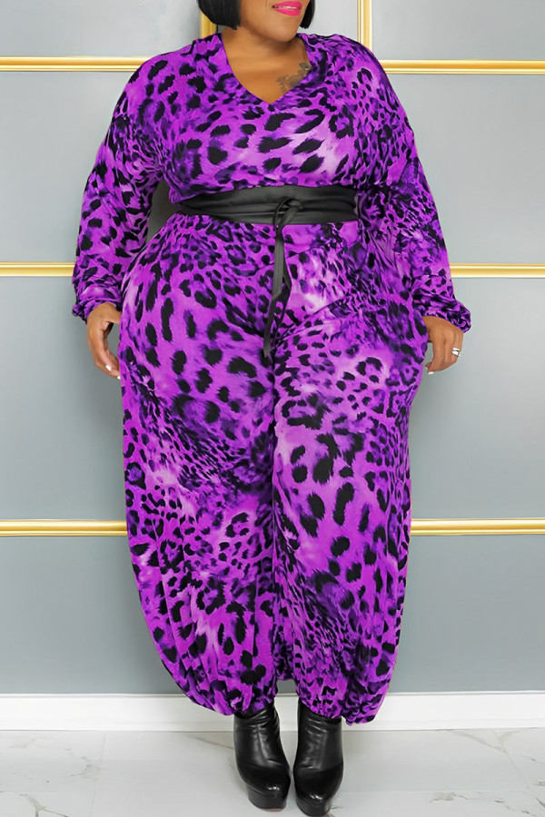 Lila Sexig Street Print Leopard Patchwork Utan Bälte V-hals Plus Size Jumpsuits (utan Bälte)