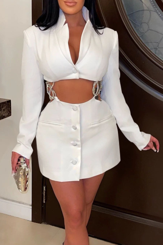 White Sexy Solid Hot Drilling Chains Turndown Collar Pencil Skirt Dresses