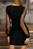 Svarta sexiga Casual Patchwork Basic V-hals långärmade klänningar