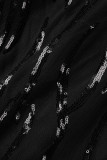 ブラック エレガント ソリッド スパンコール パッチワーク フェザー O ネック ペンシル スカート ドレス