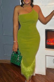 グリーン セクシー ソリッド パッチワーク フェザー 非対称 斜めカラー トランペット マーメイド ドレス