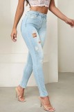 Jeans de mezclilla ajustados de cintura alta rasgados sólidos informales azul bebé