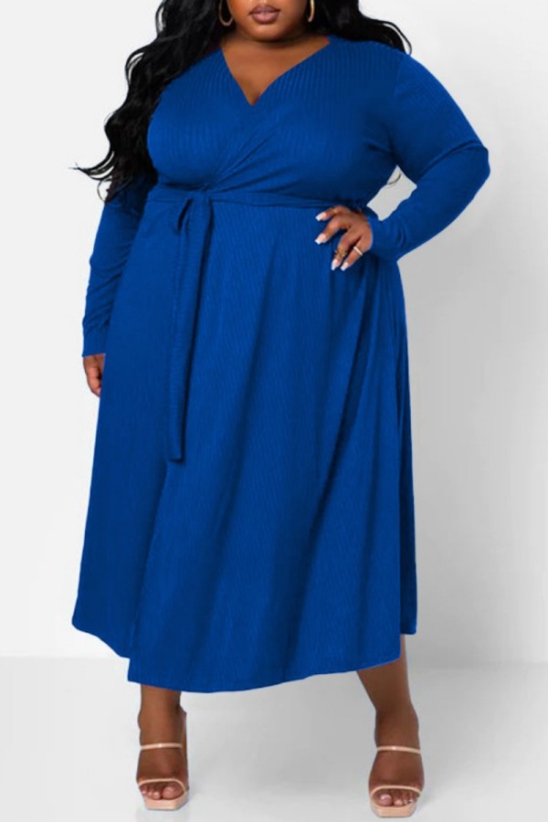 Blauw Casual Solid Patchwork V-hals Lange mouw Grote maten jurken