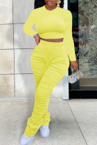 Gelbe lässige Sportbekleidung, solide Patchwork-Falte mit O-Ausschnitt, Langarm, zweiteilig