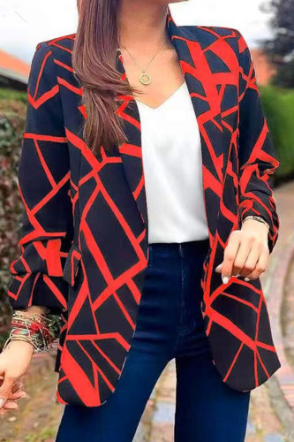 Red Casual Print Patchwork Turn-back Collar Outerwear
