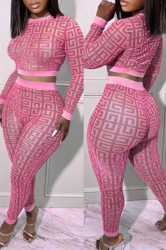 Pink Sexy Geometry Print See-through O Neck Long Sleeve Two Pieces Crop Tops And Skinny Pants Sets