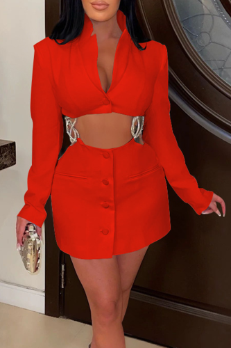 Red Sexy Solid Hot Drilling Chains Turndown Collar Pencil Skirt Dresses