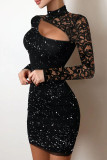 Black And White Sexy Solid Sequins Patchwork Hot Drill Turtleneck Pencil Skirt Dresses
